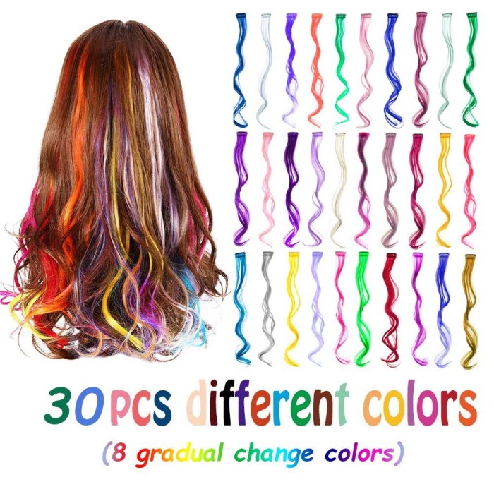 LeeWin 12PCS Single Color Hair Extensions Curly Multicolor Clip in Hair Extensions Colorful 20 Inch Rainbow Hair Extensions for Kids Women's Gifts Halloween Christmas Party Highlights