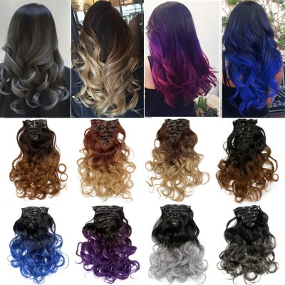 LeeWin Curly Ombre Color 7Pcs Full Head Party Highlights Clip on Hair Extensions Colored Hair Streak Synthetic Hairpieces