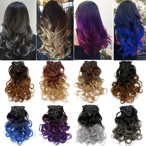 LeeWin Curly Ombre Color 7Pcs Full Head Party Repere Clip pe extensii de păr Păr colorat Dungă sintetică Hairpieces