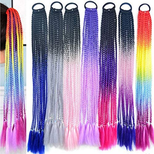 Ombre Colored Small Three Strands Braids Hair Extensions with Rubber Bands Rainbow Braided Synthetic Hairpieces Ponytail for Women Kids Girls Fold 24inches 2pcs/Pack