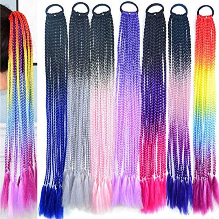 Ombre Colored Small Three Strands Braids Hair Extensions with Rubber Bands Rainbow Braided Synthetic Hairpieces Ponytail for Women Kids Girls Fold 24inches 2pcs/Pack