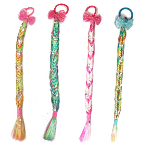 Leewin - Trenza de cola de pez con purpurina hecha a mano, multicolor, europea y americana, con lazo para mujeres, niños, niñas, fiesta, destacados, cosplay, vestido, trenza de hueso de pescado, banda para el pelo, tocado, accesorios para el cabello