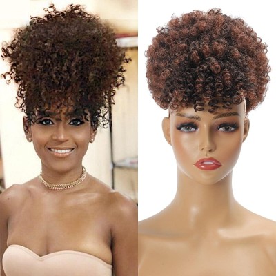 Afro Puff Ponytail Wigs for Black Women Kinky Curly Afro Puff Drawstring Ponytail With Curly Hair Bangs Grey Afro Ponytail for Natural Hair Salt and Pepper Wigs for Women