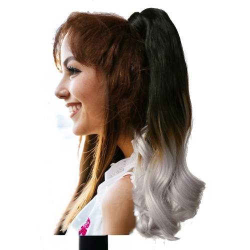 Ombre Color Velcro Ponytail Extension Wrap Around Long Curly Wave Hair Extensions Synthetic Pony Tail Hairpiece untuk Wanita Gadis