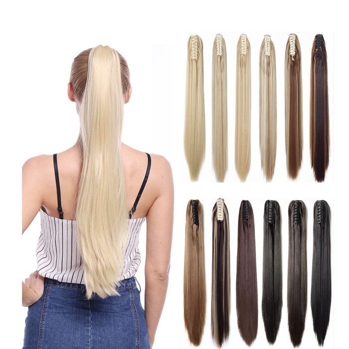 Single Color Straight Ponytail Extension Claw Clip di Ponytail Hair Extensions Potongan Rambut Sintetis untuk Wanita Pony Tail