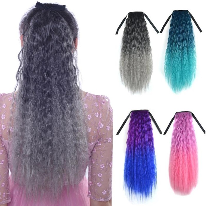 Synthetic Long Kinky Curly Fluffy Ponytail Hair Extensions Ombre Color Cosplay Hairpieces for Women