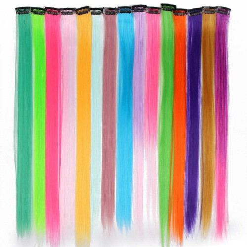 12PCS Colored Hair Extensions Straight Multi-color Clip in Hair Extensions Colorful Rainbow Hair Extensions for Kids Women Gifts Halloween Christmas Party Highlights
