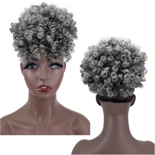 Bolso de peluca africana Mohawk esponjosa con flequillo y flequillo corto Peluca sintética Jerry Curly Sin cordón Corbata para el pelo con cola de caballo - con clip de 6BB