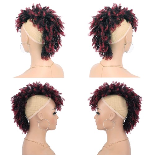 Bolso de peluca africana Mohawk esponjosa con flequillo y flequillo corto Peluca sintética Jerry Curly Sin cordón Corbata para el pelo con cola de caballo - con clip de 6BB