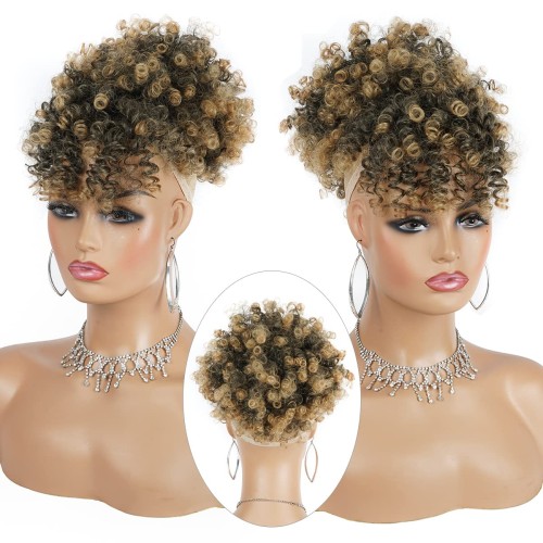Afro Puff Ponytail Wigs for Black Women Kinky Curly Afro Puff Drawstring Ponytail With Curly Hair Bangs Grey Afro Ponytail for Natural Hair Wigs for Women